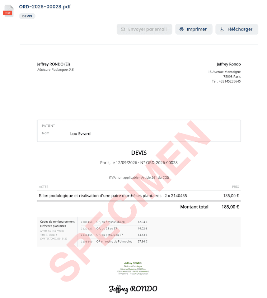 Un devis Futto pour un bilan podologique et une paire d’orthèses plantaires, prêt à envoyer par email