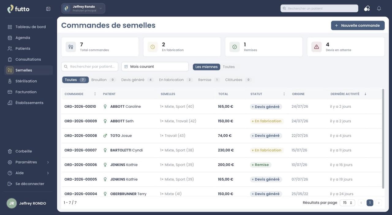 Les commandes de semelles dans Futto : devis, fabrication, remises, suivi par patient